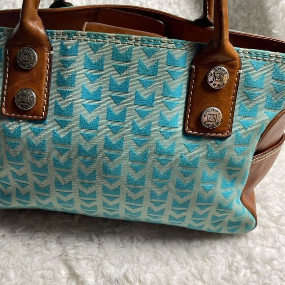 Michael Kors Monogram Blue canvas medium Satchel with leather tan trims &straps - Picture 2 of 12